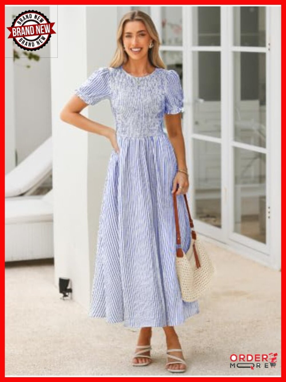 Smocked Puff Sleeve High Waist Midi Dress with Pockets - Picture 5 of 6